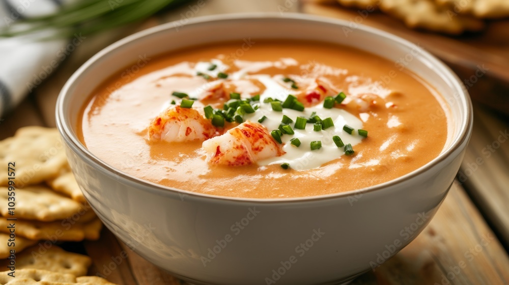 A delightful bowl of lobster bisque garnished with chopped chives and a drizzle of cream, Lobster bisque bowl centered, Soft natural lighting accentuating the richness A delightful bowl of lobster bisque garnished with chopped chives and a drizzle of cream, Lobster bisque bowl centered, Soft natural lighting accentuating the richness