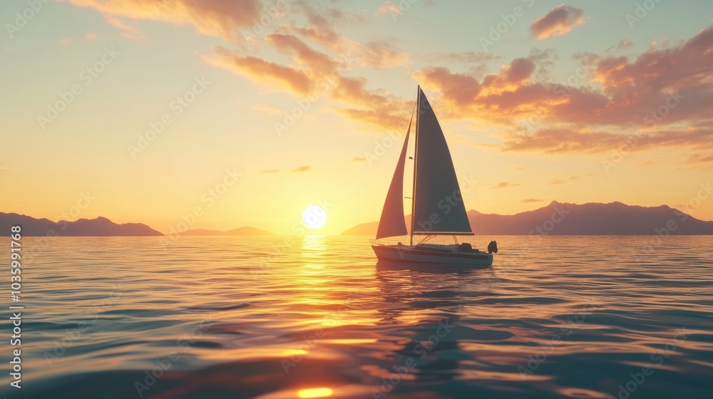 Fototapeta premium Serene sunset sailing: tranquil scene of sailboat on calm waters at dusk