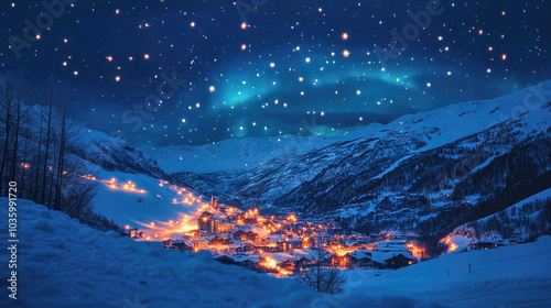 Wallpaper Mural Christmas lights twinkle like constellations over a snowy mountain village under the aurora borealis glow Torontodigital.ca