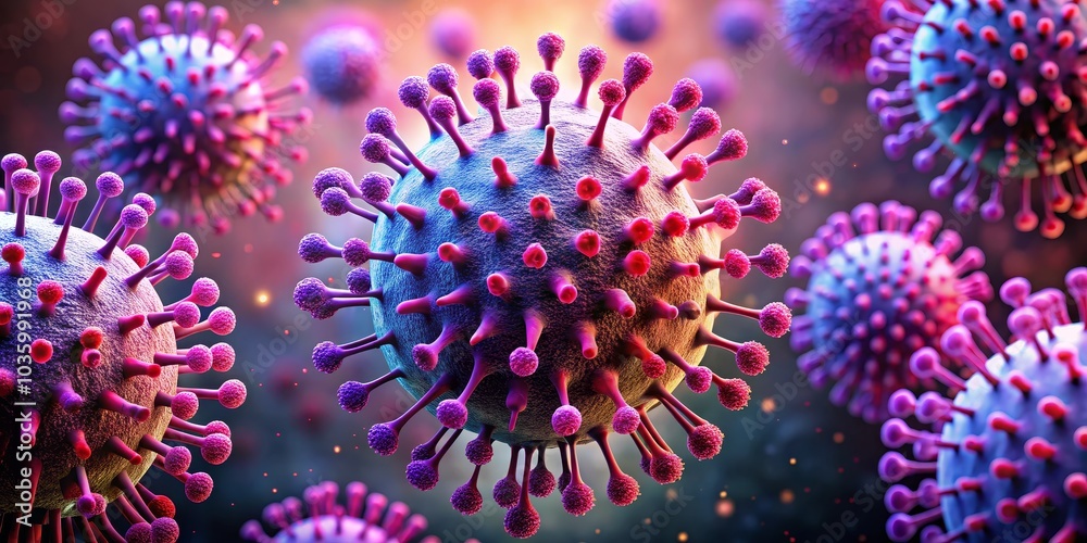 Fototapeta premium Close-up 3D Rendering of a Virus Particle, showing intricate surface details and spikes, virus, microbe, infection