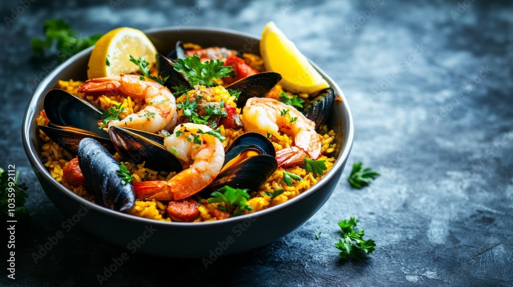 A delightful bowl of seafood paella with shrimp, mussels, chorizo A delightful bowl of seafood paella with shrimp, mussels, chorizo