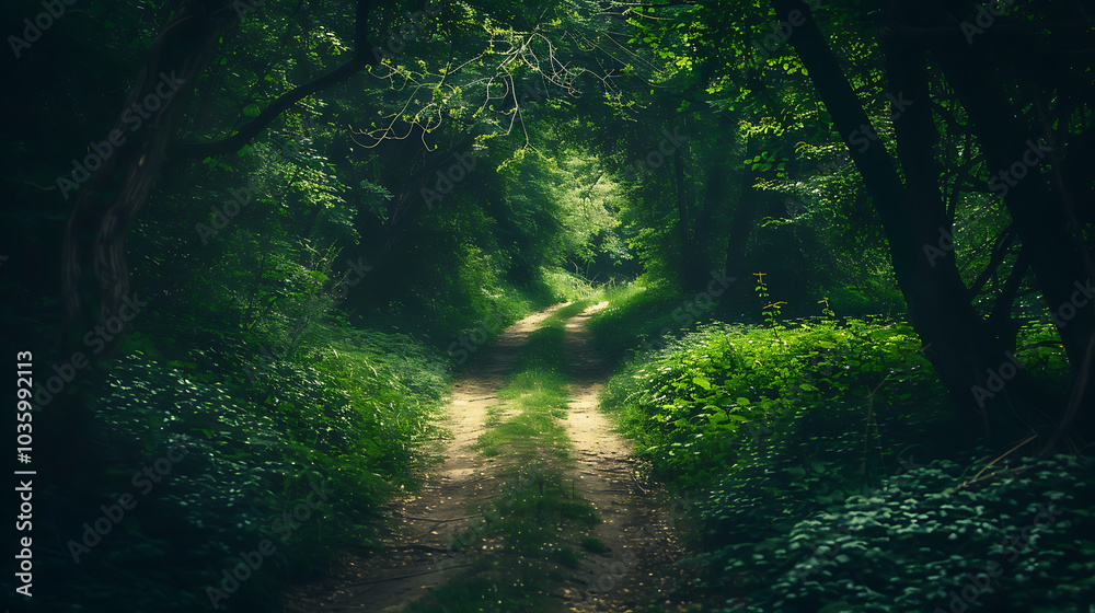 Obraz premium A dirt path through a dark, lush forest.