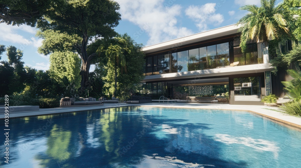 Fototapeta premium Sleek modern home with large swimming pool and lush garden, perfect for relaxation and luxury living.