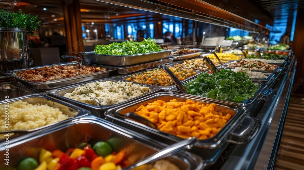 A tempting buffet line on a cruise ship, showcasing a variety of cuisines and fresh ingredients, perfect for a luxurious dining experience. A tempting buffet line on a cruise ship, showcasing a variety of cuisines and fresh ingredients, perfect for a luxurious dining experience.