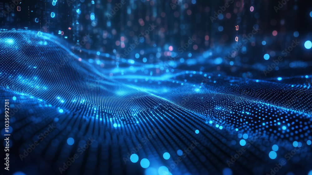 digital landscape of blue and black pixels forms dynamic background, evoking sense of futuristic technology and data flow. glowing dots create mesmerizing visual effect