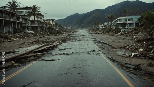 Wallpaper Mural Storm-battered coastal village with destroyed homes and roads, highlighting natural disaster Torontodigital.ca