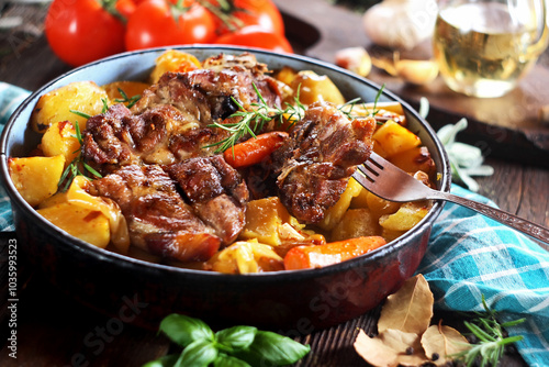 Peka - traditional Croatian meat and vegetables dish  photo