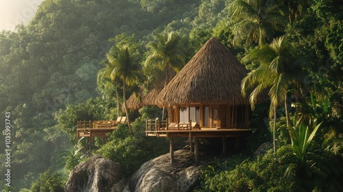 Thatched-roof eco-resort villas nestled in a dense tropical hillside, ideal for travel and sustainable tourism.