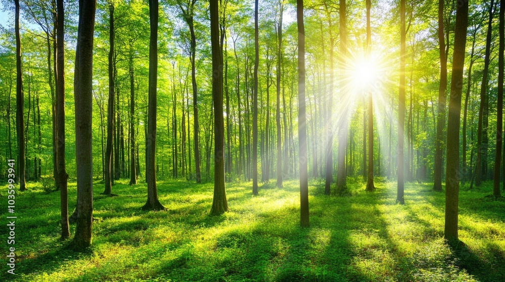 Fototapeta premium Sunbeams in a Lush Green Forest