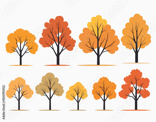 set of autumn trees isolated on a white background