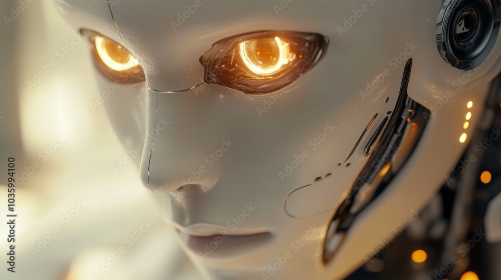 Naklejka premium Futuristic Robot Face with Glowing Eyes in Cybernetic Style