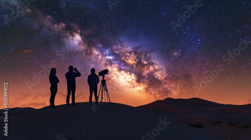 Three people observing the Milky Way on a desert hill at twilight. Stargazing and cosmic wonder concept. Design for poster, wallpaper, and educational material.