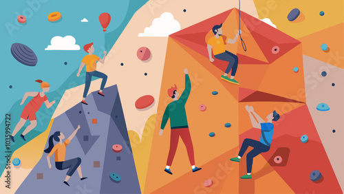 The indoor rock climbing wall with varying levels of difficulty for climbers of all abilities.