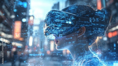 A woman wearing a VR headset stands in a futuristic city, symbolizing the merging of technology and human experience, exploring new possibilities, innovation, virtual reality, and digital transformati photo