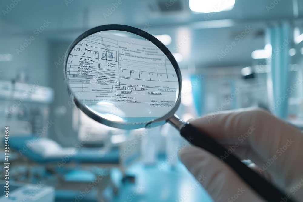 Fototapeta premium A gloved hand holding a magnifying glass over a medical chart.