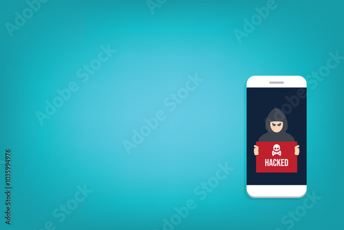 Hacker with hacked notification, malware notification on mobile phone. Smartphone with hacker alert, spam data on cellphone fraud error message, scam, virus.	