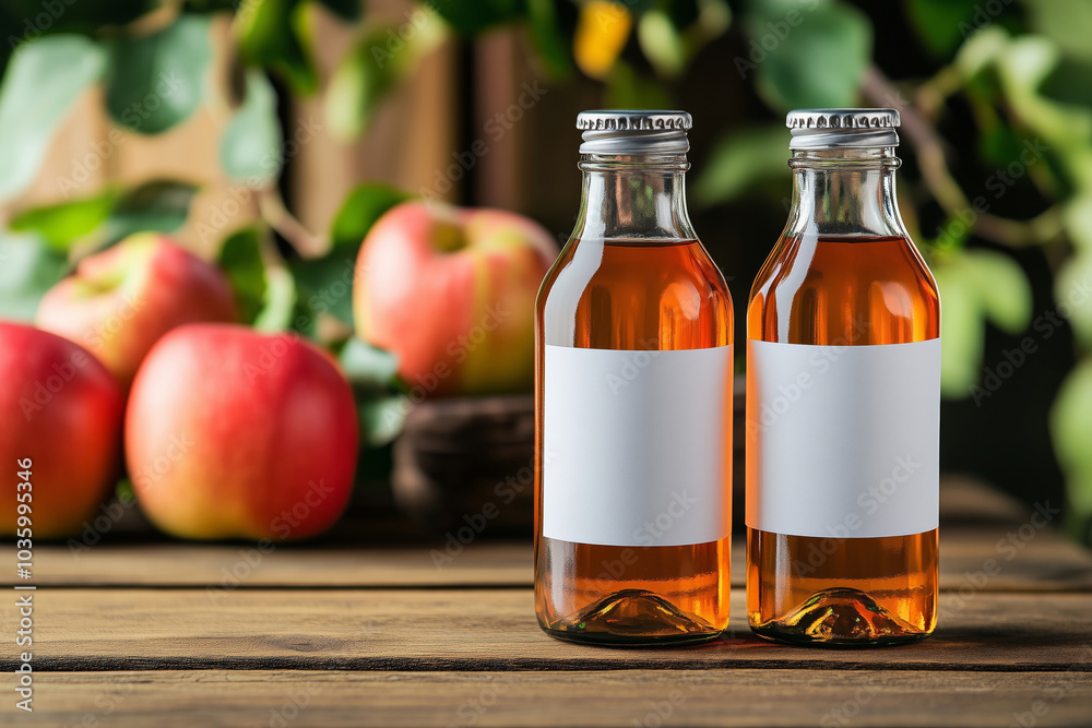Two glass bottles of apple juice with white blank labels on a wooden table, with fresh fruits in the background Two glass bottles of apple juice with white blank labels on a wooden table, with fresh fruits in the background