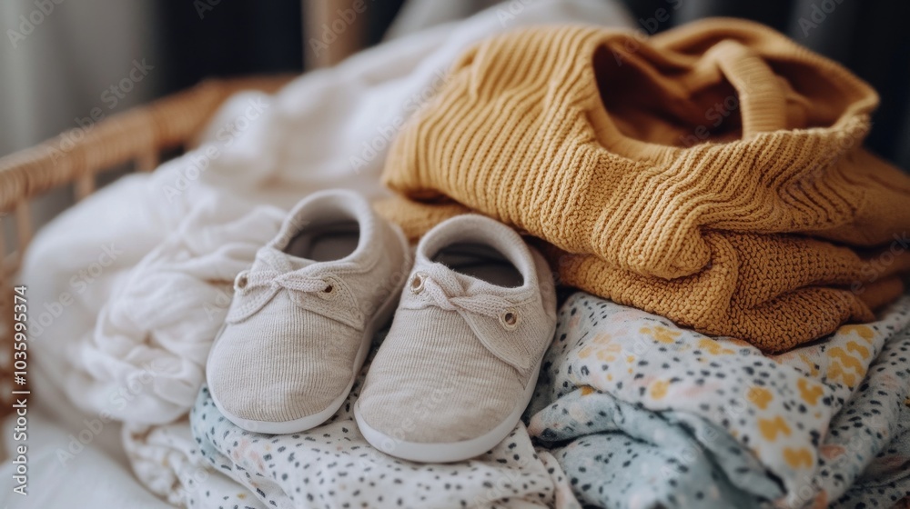 A pile of baby clothes, including tiny shoes, sits on a table. The soft cotton clothes and a muslin swaddle blanket are all in pretty pastel colors. They're freshly washed and neatly folded. A pile of baby clothes, including tiny shoes, sits on a table. The soft cotton clothes and a muslin swaddle blanket are all in pretty pastel colors. They're freshly washed and neatly folded.