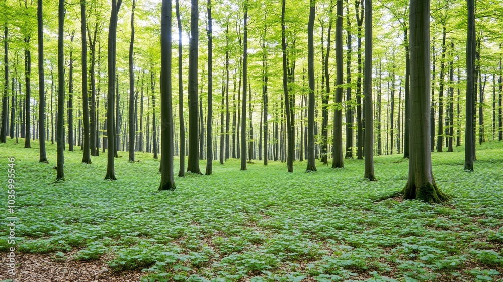 Obraz premium Tranquil Forest Landscape With Green Canopy