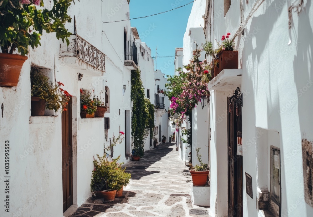 Fototapeta premium A narrow cobblestone street lined with whitewashed buildings and potted plants in a sunny, Mediterranean town.