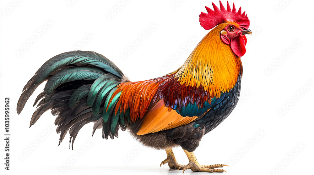 Close-up Profile View of a Colorful Rooster on White Background Close-up Profile View of a Colorful Rooster on White Background