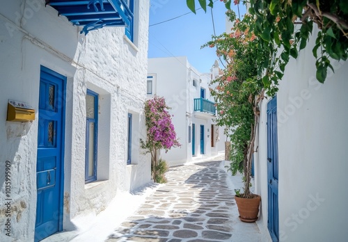 Fototapeta Naklejka Na Ścianę i Meble -  A narrow, cobbled street lined with whitewashed buildings and vibrant blue doors in a sunny Greek village.