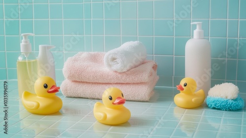 A table with tiles shows bath time supplies for babies: shampoo, shower gel, rubber duck toys, and a towel.