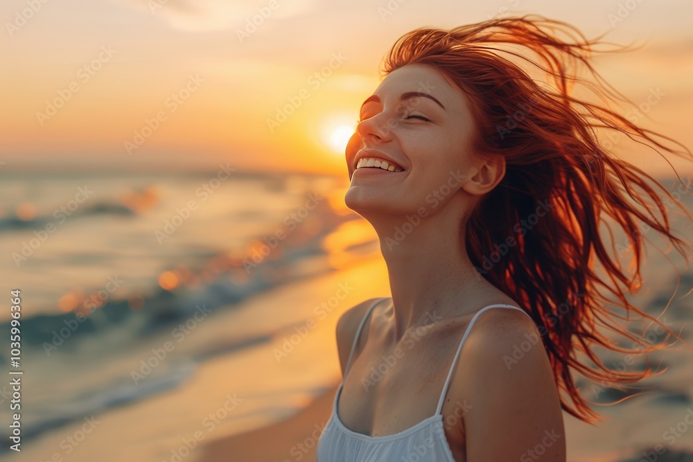 A Redhead Woman Smiles on the Beach at Sunset A Redhead Woman Smiles on the Beach at Sunset