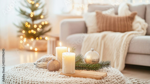 Cozy minimalist Scandinavian Christmas living room decor with candles, wooden ornaments, and pine branches