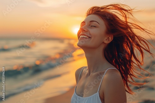 A Redhead Woman Smiles on the Beach at Sunset