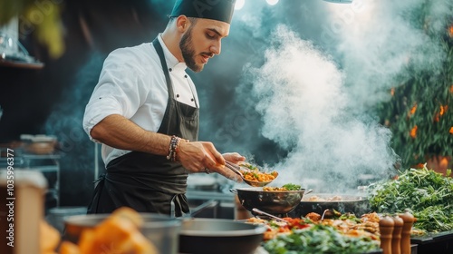 A chef demonstrating how to prepare vegetarian dishes on stage during a festival cooking show