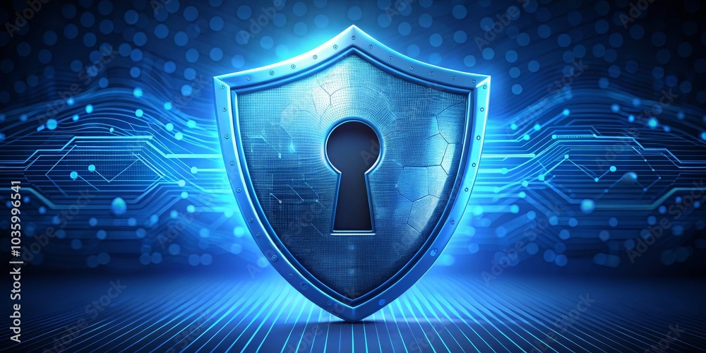 Fototapeta premium Cyber Security Shield with Keyhole, 3D Rendering, Blue Abstract Background, Digital Security, Cyber Protection, Data Encryption