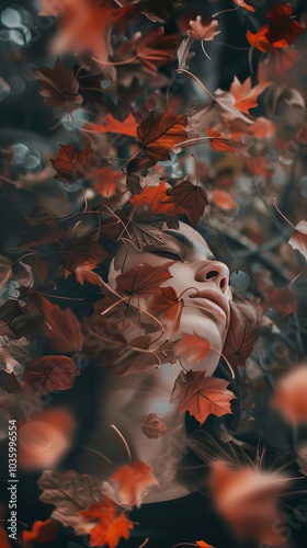 Mysterious female face peeking through red foliage, one eye visible amidst layered autumn leaves. Concept fall moed, psychology photo