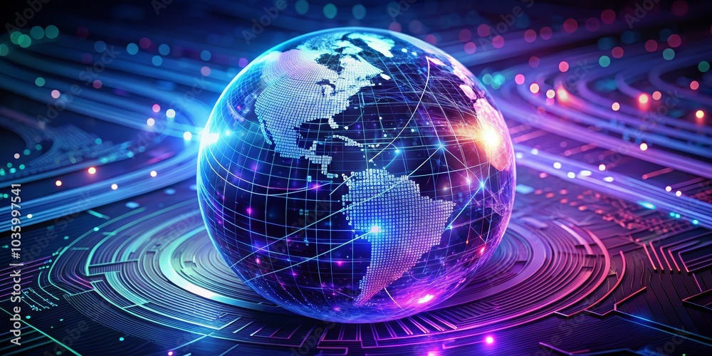 Digital Globe on Futuristic Circuit Board, 3D Render, Global Network, Cyber Security, Technology, Network, Future Digital Globe on Futuristic Circuit Board, 3D Render, Global Network, Cyber Security, Technology, Network, Future