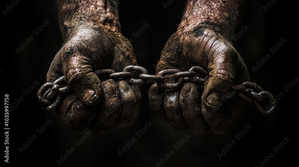 Fototapeta premium Dirty, calloused hands holding heavy chains, a powerful visual symbolizing hard work, servitude, and the weight of responsibility.