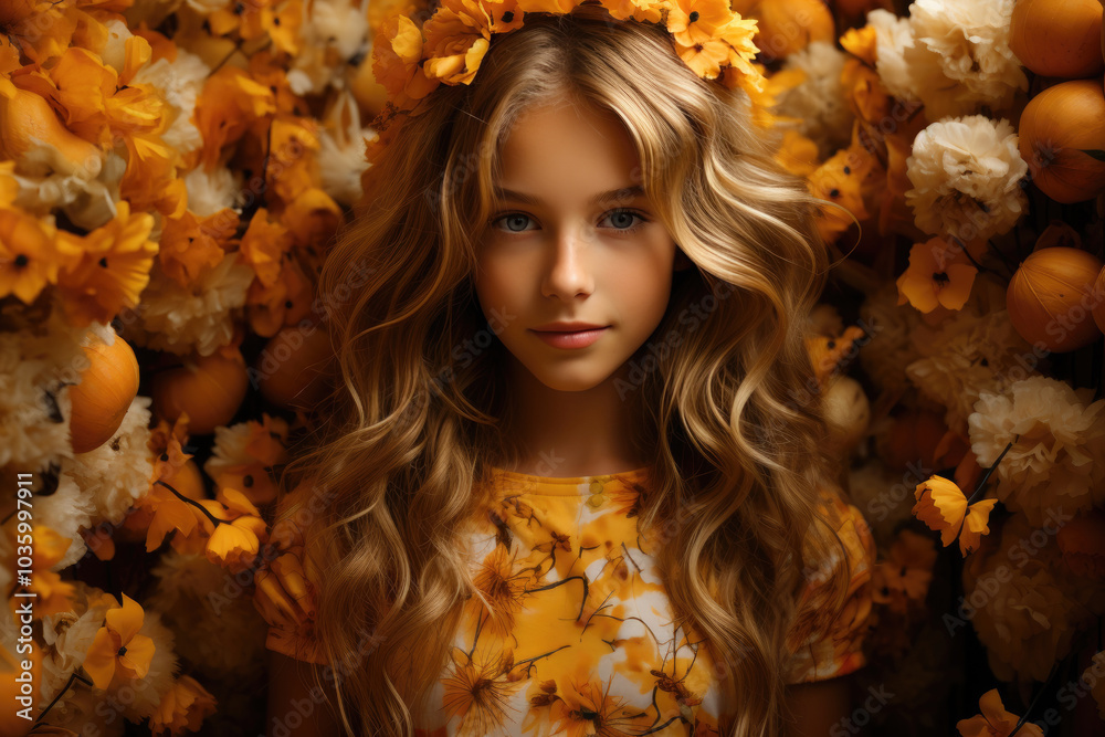 A young girl with flowing hair adorned with flowers poses amidst a backdrop of yellow blooms and fruits, radiating joy and serenity in a bright atmosphere A young girl with flowing hair adorned with flowers poses amidst a backdrop of yellow blooms and fruits, radiating joy and serenity in a bright atmosphere