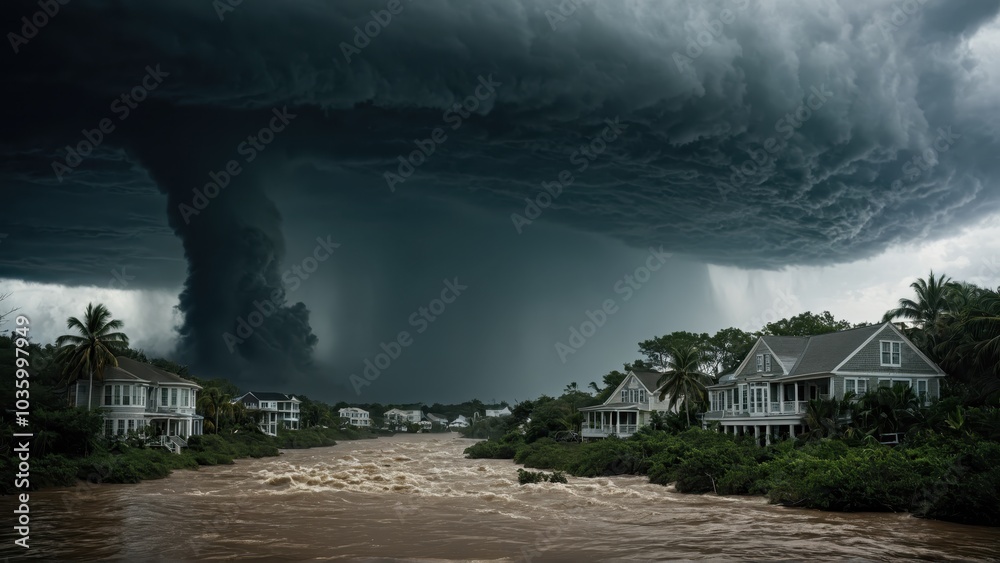 Fototapeta premium Massive tornado approaches coastal homes, threatening destruction of buildings by extreme weather