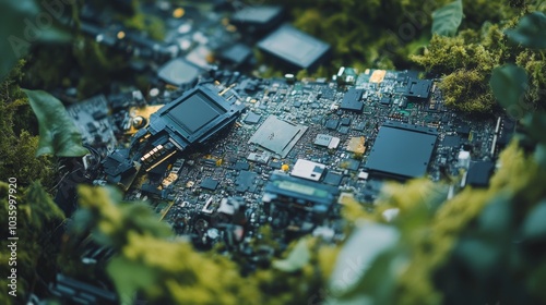 E-Waste in Nature: A Symbiotic Relationship -  E-waste and nature coexist, a poignant reminder of our impact on the environment. Circuit boards and lush greenery merge, highlighting the fragile balanc photo