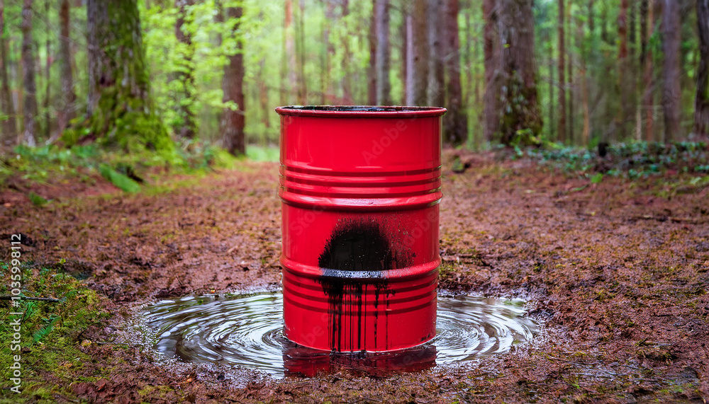 Metal barrel in woods, spilling black toxic liquid. Hazardous waste. Environmental pollution problem Metal barrel in woods, spilling black toxic liquid. Hazardous waste. Environmental pollution problem