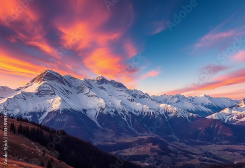 Majestic Snowy Mountain Range with Dramatic Sunset Sky