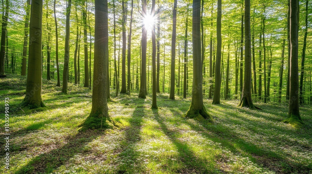 Obraz premium Sunbeams Through Deciduous Forest