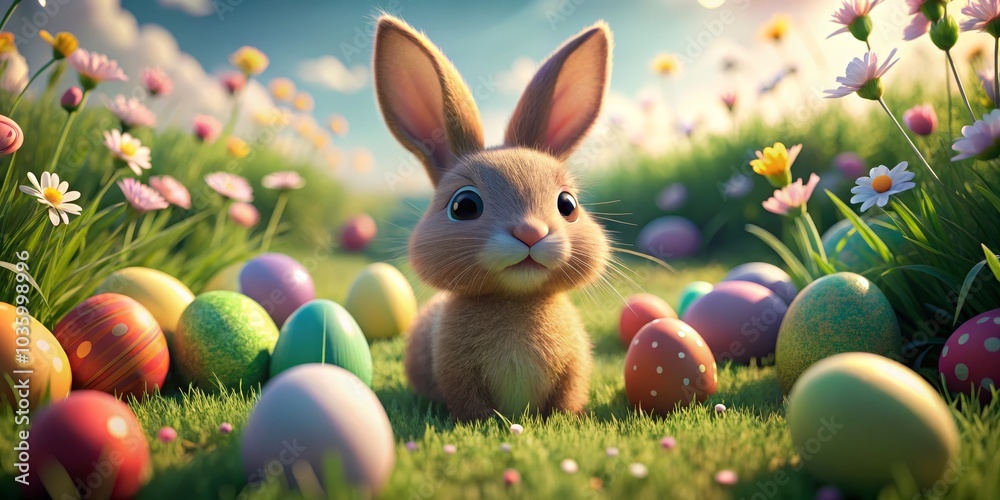 Easter Bunny in a Field of Flowers, 3D Render, Springtime, Easter Eggs, Easter Bunny, Easter, Spring Easter Bunny in a Field of Flowers, 3D Render, Springtime, Easter Eggs, Easter Bunny, Easter, Spring