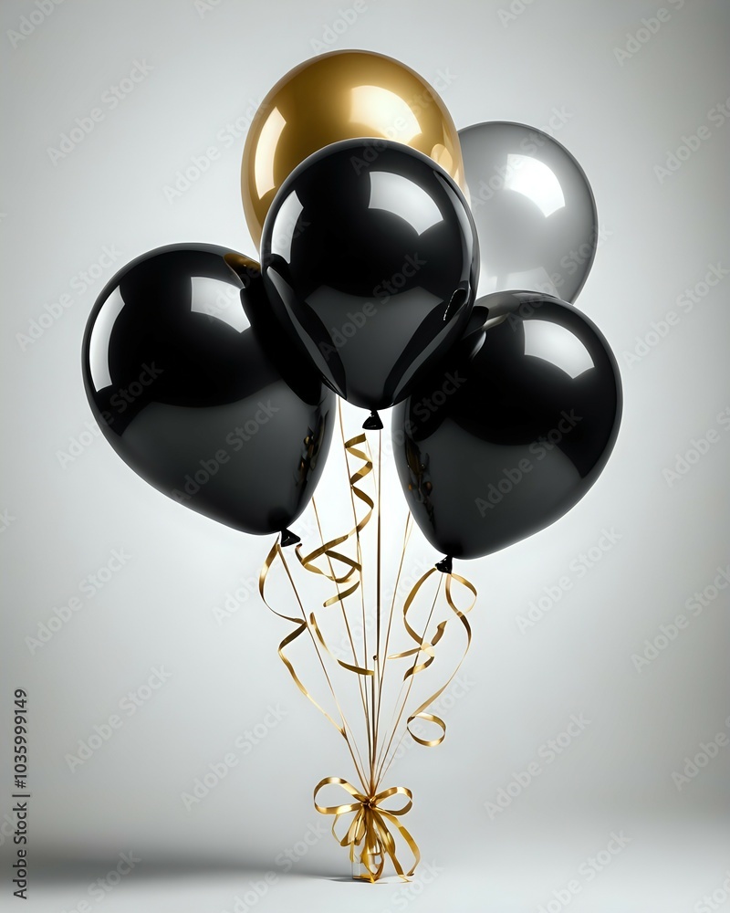 A bunch of black and gold balloons tied with gold ribbons on a grey background. A bunch of black and gold balloons tied with gold ribbons on a grey background.