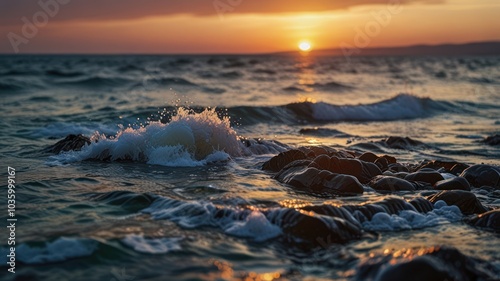 A close-up of waves crashing on rocks at sunset, the sun setting over the horizon in the distance.