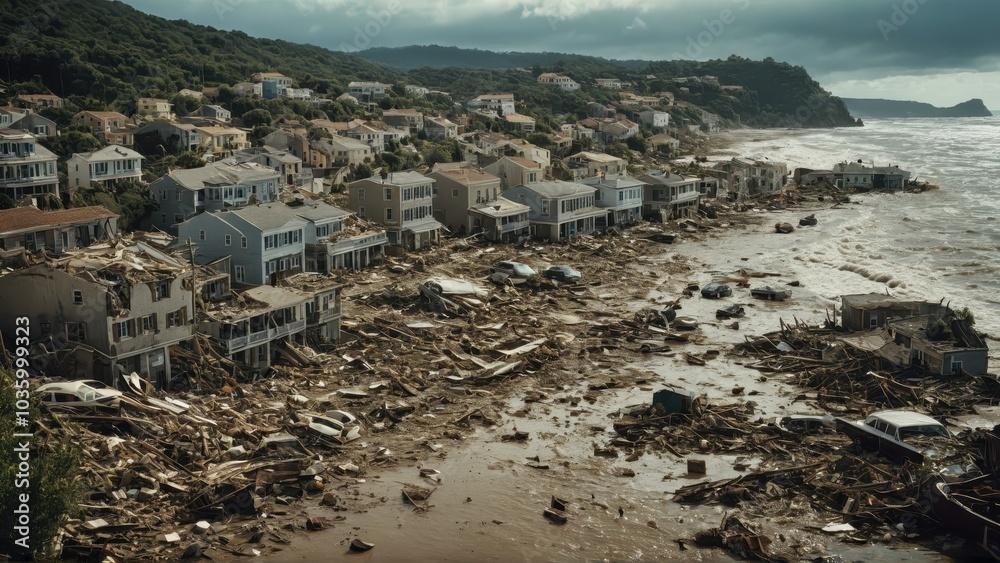 Fototapeta premium Devastated coastal town with debris and cars scattered after a massive storm