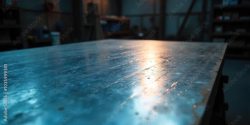 Industrial workshop table with metal surface reflecting soft blue lighting in a work environment Industrial workshop table with metal surface reflecting soft blue lighting in a work environment