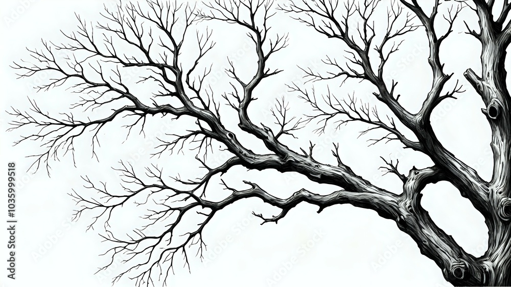 Fototapeta premium Bare tree branches against a white background.