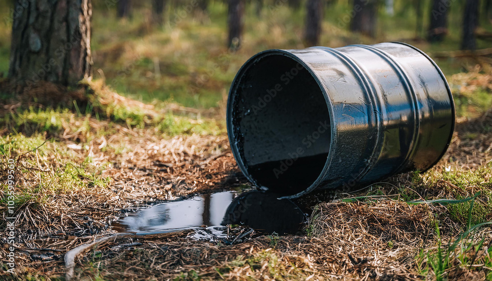 Metal barrel in woods, spilling black toxic liquid. Hazardous waste. Environmental pollution problem Metal barrel in woods, spilling black toxic liquid. Hazardous waste. Environmental pollution problem