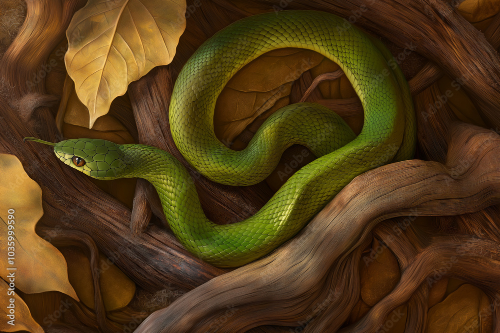 Fototapeta premium Green wooden snake curled on carved branch.