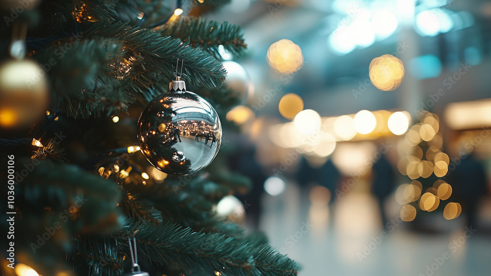 Close up of a Christmas tree with silver and golden ornaments in a modern shopping mall Close up of a Christmas tree with silver and golden ornaments in a modern shopping mall